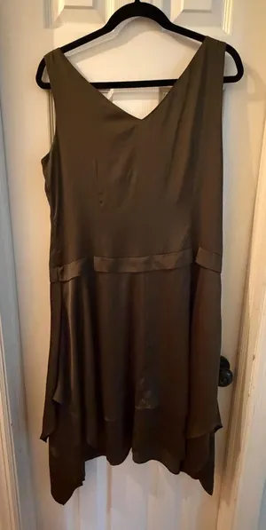 Worthington Satin Handkerchief Hem Midi Dress 12 Olive Green Sleeveless V-Neck thumbnail 1