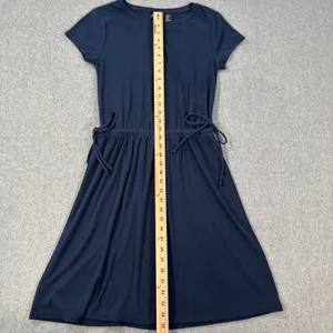 Rachel Zoe Ribbed Knit Blouson Dress Women's XS Navy Blue Side Ties Short Sleeve thumbnail 4
