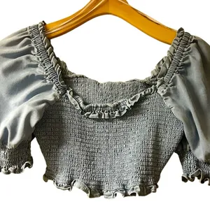 Bar III smocked crop top featuring short puff sleeves thumbnail 1