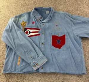 Ohio Bicentennial Denim Shirt Women L Blue Patchwork Americana Vintage Retro‎ thumbnail 1