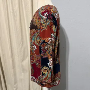Chicos Paisley V-Neck Blouse Size 2 Large Rust Navy‎ 3/4 Sleeve Button Trim Top thumbnail 6