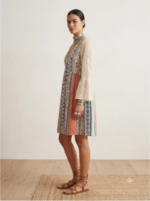 Kori America Patchwork Boho Dress Lace Sleeve Floral Mix Print V-Neck Sz L S7003 thumbnail 2