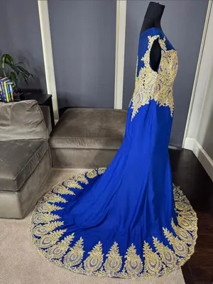 Royal Blue Evening Gown Gold Lace Appliqué with Train Side Zip Size 18 NWT thumbnail 6