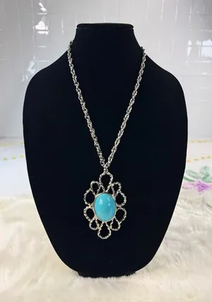 Silver vtg Tone Turquoise Oval Pendant‎ Statement Necklace Women Fashion Jewelry thumbnail 1