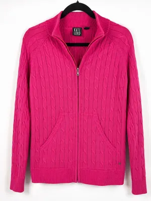 Kate Lord Womens Sweater L Pink Cable Knit Full Zip Golf Cardigan Pockets thumbnail 2