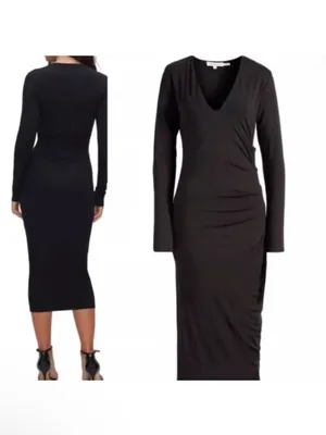 NWOT Good American V-Neck Bodycon Midi Black Dress 0 (US 0-2) SUPERGLUE FLAW thumbnail 4