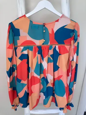 Vici Teal, Orange & Cream Abstract Balloon-Sleeve Blouse thumbnail 4