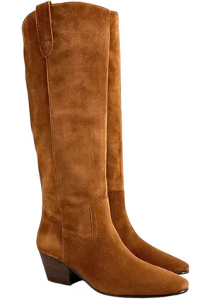 J.Crew Piper Knee-High Boots Suede Leather Almond Toe Western Pull On Camel 5 thumbnail 1