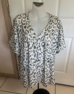 Large Jodifl green/tan leopard print V Neck short cuffed sleeve blouse thumbnail 1