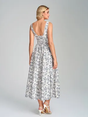 V Neck Floral Corset Midi Summer Wedding Guest Dress thumbnail 2