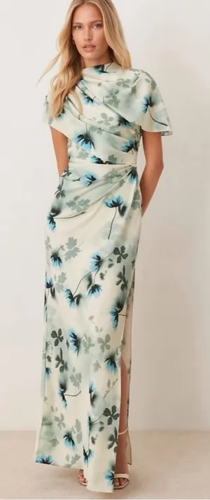 Asos Women's Natural High Neck Drape‎ Bodice Cape Floral Maxi Dress Women’s Sz 8 thumbnail 1