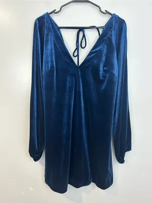 Free People Blue Velvet V-neck Long Balloon Sleeve Shift A-line Mini Dress Small thumbnail 3