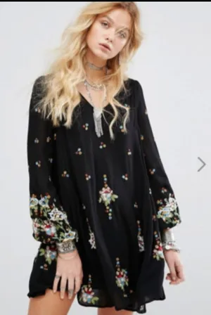 O Free People Black Mini Dress with Colorful Floral Embroidery Medium thumbnail 1