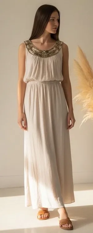 Womens L-XL Taupe Beaded Sequin‎ Neckline Sleeveless Maxi Dress Cowl Back thumbnail 1