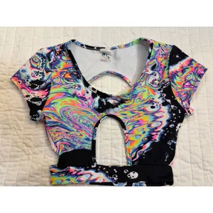 iHeartRaves Psychedelic Neon Keyhole Crop Top & High Waisted Bottoms Rave Set XS thumbnail 2