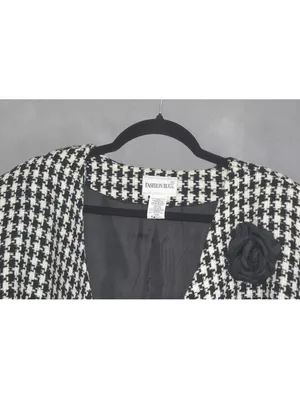 Fashion Bug Black White Houndstooth Tweed Collarless Blazer Rosette Pin 22/24 thumbnail 5