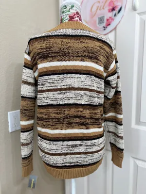 Style & Co. Striped Crewneck Sweater in Mustard, Brown & Cream size XS thumbnail 4