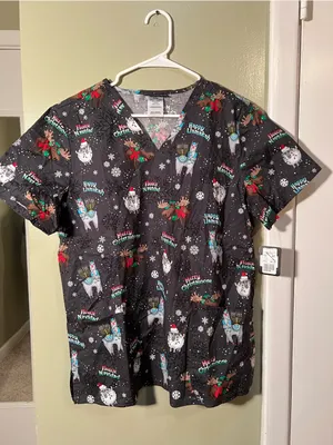 Cherokee Women's Sz Large Merry Whatever Scrub Top Gray V-Neck Holiday Christmas thumbnail 5