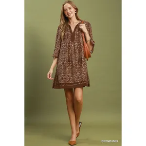 Umgee Mix Geometric Print V-Neck Tassel Detail Tunic Dress‎ - Brown Mix - Medium thumbnail 5