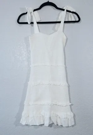 O.Vianca White Smocked Tie Shoulder Mini Dress Size Medium thumbnail 1