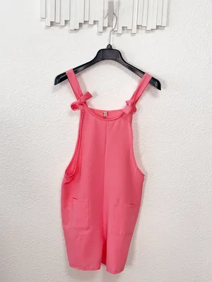 Miss Sparkling Coral Pink Tie Strap Pocket Overall Romper Shorts thumbnail 2