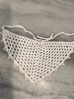 Handmade Crochet Wood Beaded Kerchief Head Scarf Cotton Boho Bandana Cottagecore thumbnail 2