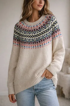 Aerie Fair Isle Sweater Women’s Large Cream Nordic Knit Cozy Winter Pullover thumbnail 1