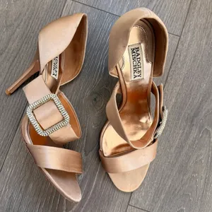 Badgley Mischka Rare Kiara‎ Golden Satin Bridal Wedding Shoes Leather Sole 8.5M thumbnail 3