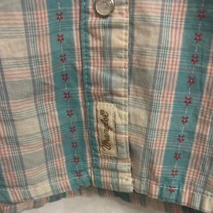 Women’s Wrangler Teal and Cream Plaid Button Down Shirt thumbnail 4