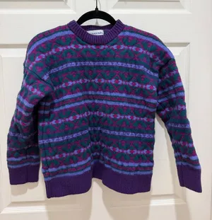 Vintage Top Notch Knits 100% Wool Handcrafted Fair Isle Sweater Purple Teal thumbnail 1