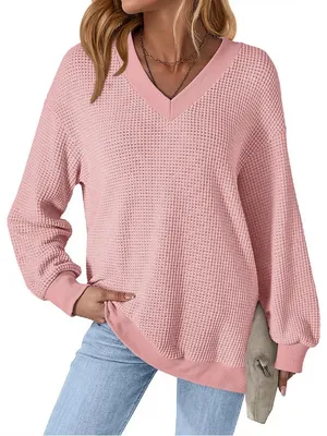 Boutique Waffle Knit Womens V-Neck Long Sleeve Pullover Casual Outfits Loose Top M thumbnail 2