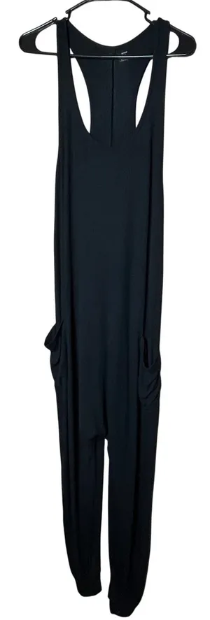 Aerie Black Ribbed‎ Racerback Tank Jumpsuit Romper Cargo Pockets Women's Size L thumbnail 1