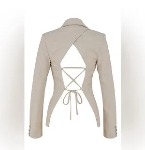 House Of CB Mistress Rocks Beige White Open Back Lace Up Suit blazer Jacket Top Blouse Shirt thumbnail 8