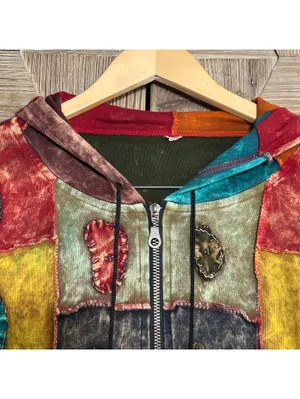 Patchwork Pixie Hoodie Jacket Boho Hippie Festival Zip Up Colorful Size S/M thumbnail 2