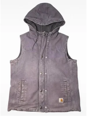 Vtg Women's Carhartt Hooded Vest Large Faded Purple Grey Sherpa Lined Canvas thumbnail 1