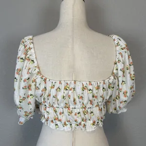 For Love & Lemons Lola Pointelle‎ Crop Top Size L White Floral Short Puff Sleeve thumbnail 6
