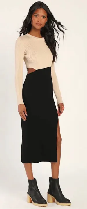 Lulus Beige Black Colorblock Ribbed‎ Cutout Long Sleeve Midi Dress Small NWT thumbnail 1