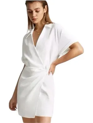 Commense Womens Collared Cuffed Sleeve Button Wrap Short Dress White Medium thumbnail 1
