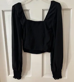 Abercrombie & Fitch Black Whimsygoth Baddie Smocked Sheer Sleeve Crop Blouse XXS thumbnail 1