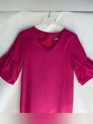 Hot pink mini dress dramatic ruffle long sleeve v-neck party wedding guest L thumbnail 6