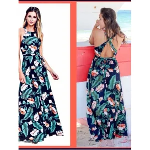 Lulu's Navy Tropical Floral Maxi Dress Crisscross Back Wedding Garden Party M thumbnail 2