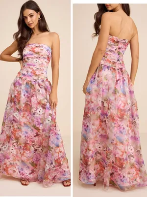 Lulus Kasandra Pink Multi Floral Organza Drop Waist Maxi Dress Size XL Strapless thumbnail 2