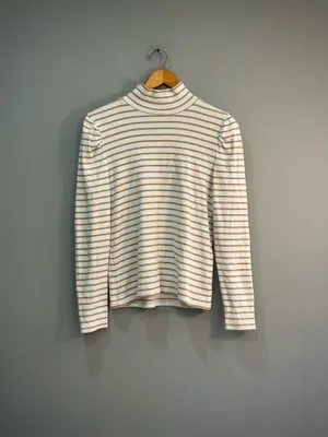 White/Tan J. Crew Puff Sleeve Ribbed Turtleneck Top Size L EUC thumbnail 4