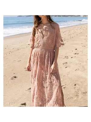 POL “Dress Me In Lace” Cotton Maxi Lace Romper Caramel Festival Coastal Boho M/L thumbnail 6