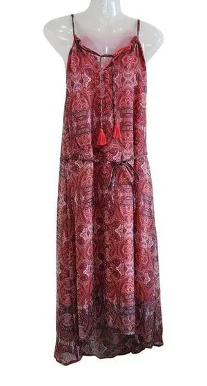 Lucky Brand Paisley Chiffon Overlay Hi Low Tassel Belted Red Size Medium thumbnail 1