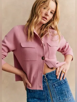 Sézane Betty Knit Long Sleeve Cardigan Merino Wool Rose Los Angeles Pink Medium thumbnail 1