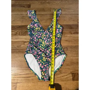 Floral Ruffle V-Neck One Piece Swimsuit‎ Teal Pink Yellow Ruched Low Back small thumbnail 3