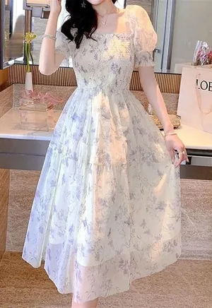 NWOT ~ Long Sheer Lined Purple Floral Puff Sleeve Chiffon Dress ~ Women's Size 4 thumbnail 1