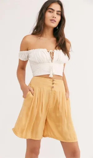 Free People‎ Yellow High Rise Pleated Satin Baggy Shorts thumbnail 1