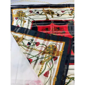 Vintage Equestrian Chain Print Square Scarf Red Black Gold‎ Tassel Sheer Stripe thumbnail 3
